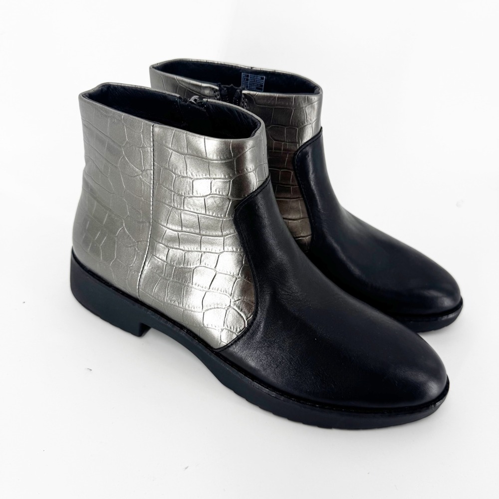 FitFlop Supercomff Black Leather Silver Croc Ankle Boots AL5-231 Womens 9